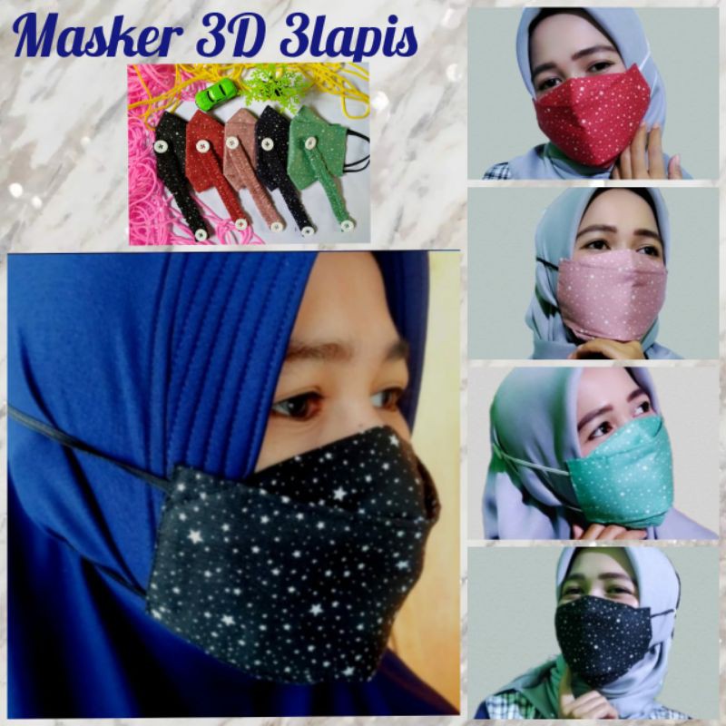 Masker kain 3D+Konektor hijab /Masker Hijab 3D/Masker 3ply/Masker katun Jepang