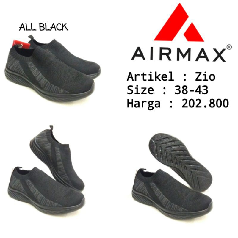 SEPATU SLIP ON UNISEX ALL BLACK AIRMAX ZIO SIZE 38-43