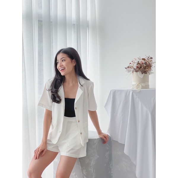 Satu Set Wanita Cewek Celana Pendek Outer Kancing All Size Santai Cafe Karet Atasan/ DANAE SET