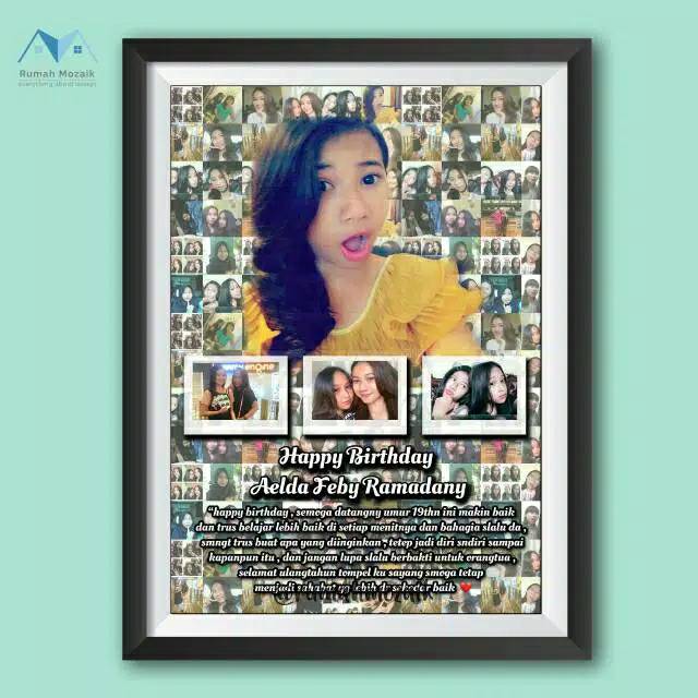 Frame kaca + desain + cetak foto Mozaik polaroid hadiah kado custom ulang tahun wedding wisuda
