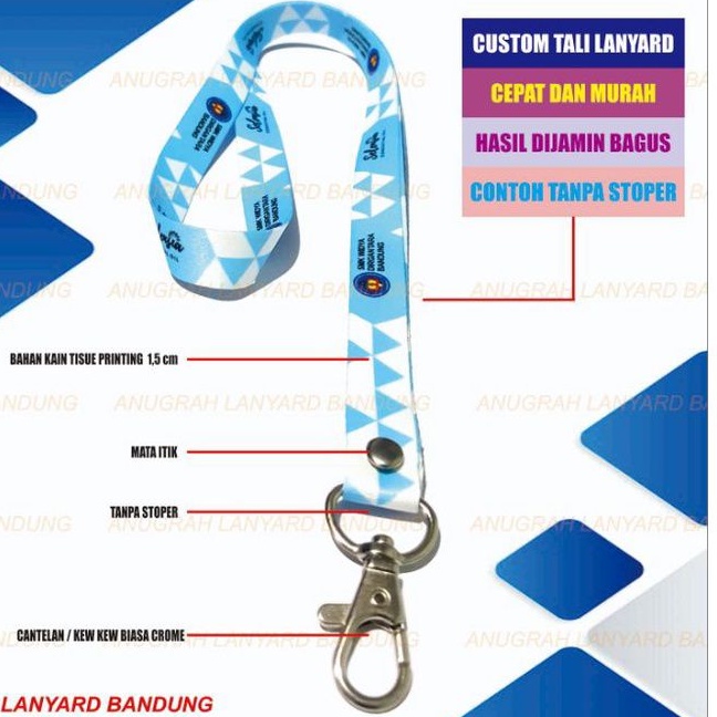 Jual Cetak Lanyard Id Card Custome Printing 1,5 Cm 2 Sisi Tanpa Stopler 