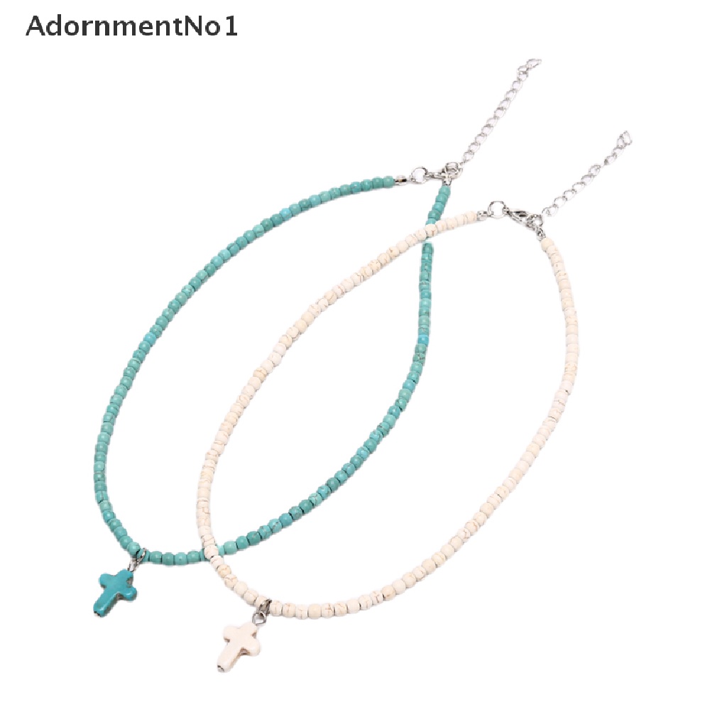 (AdornmentNo1) Kalung Choker Rantai Fashion Gaya Bohemia Motif Salib + Batu Turquoise Untuk Wanita / Pantai