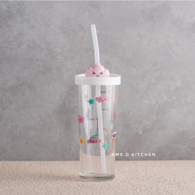 Gelas tumbler minum kaca unik lucu motif awan 350 ml dengan sedotan