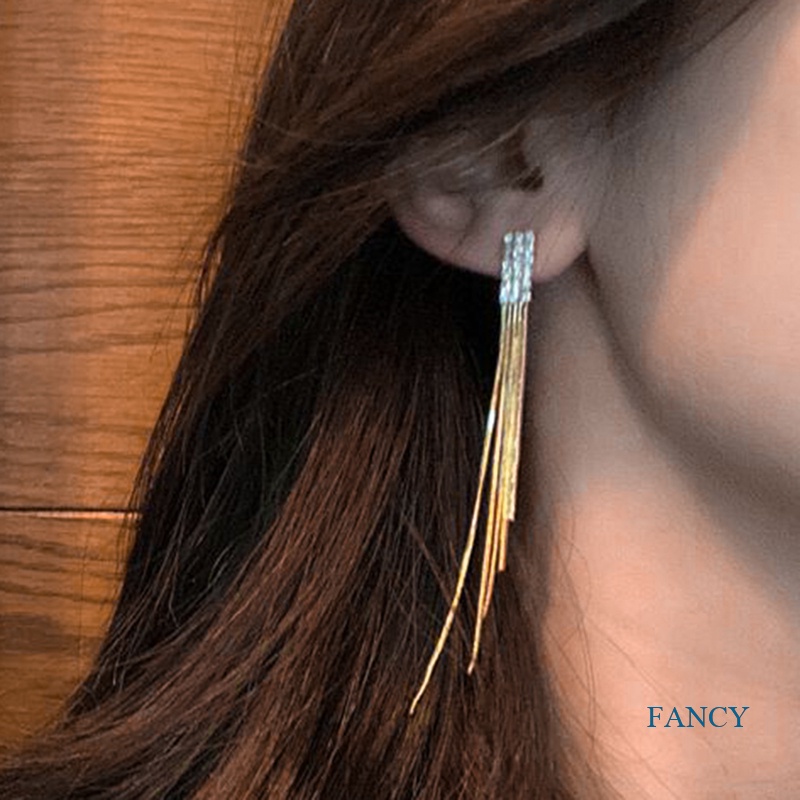 Anting Rumbai Panjang Aksen Berlian Imitasi Gaya Korea