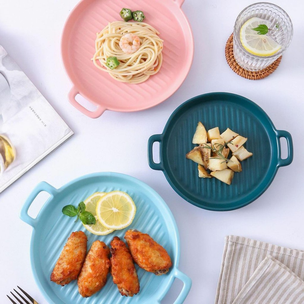 PIRING SAJI KERAMIK IMPOR BENTUK BULAT DOUBLE PEGANGAN/PIRING PAN