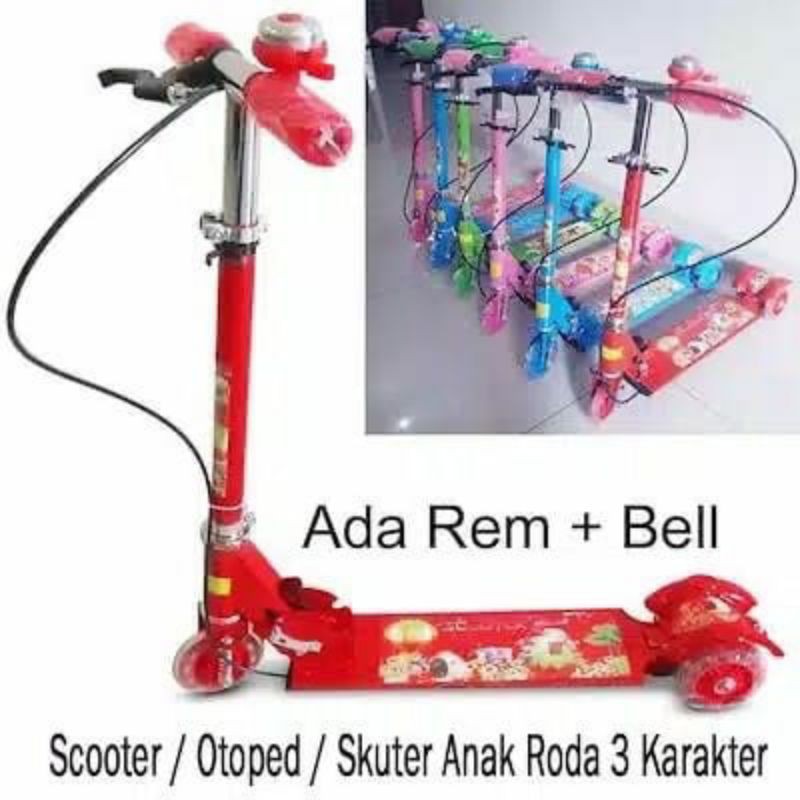 Skuter Anak Scooter Karakter Hello Kitty Frozen Spiderman Doraemon ada Rem Lampu Bel Mainan Otoped