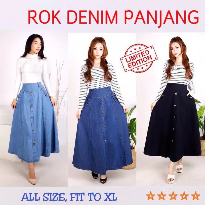 Rok Panjang Wanita Rok Denim Wanita  Rok Jeans Wanita Rok Panjang Mekar Rok Panjang Polos Skirt