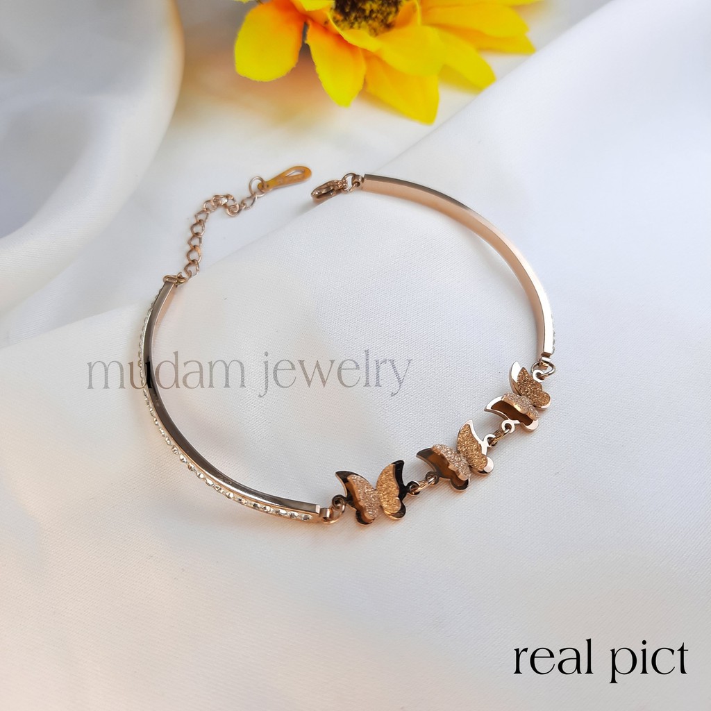 Gelang Titanium 3 Kupu-Kupu Gengan Taburan Kristal Artifisial Warna Rosegold, Gold dan Silver