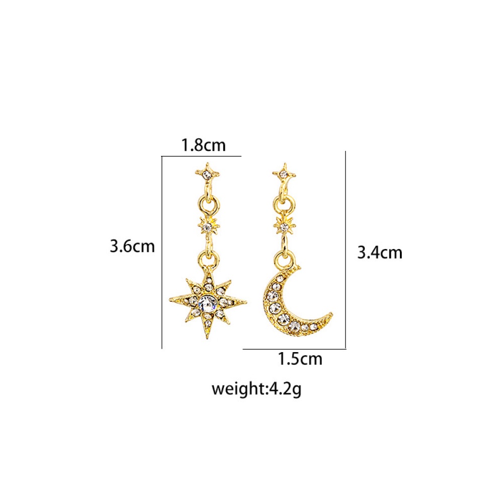 Anting Tusuk Gantung Asimetris Desain Bulan Sabitbintang Warna Gold Hias Kristal Untuk Wanita