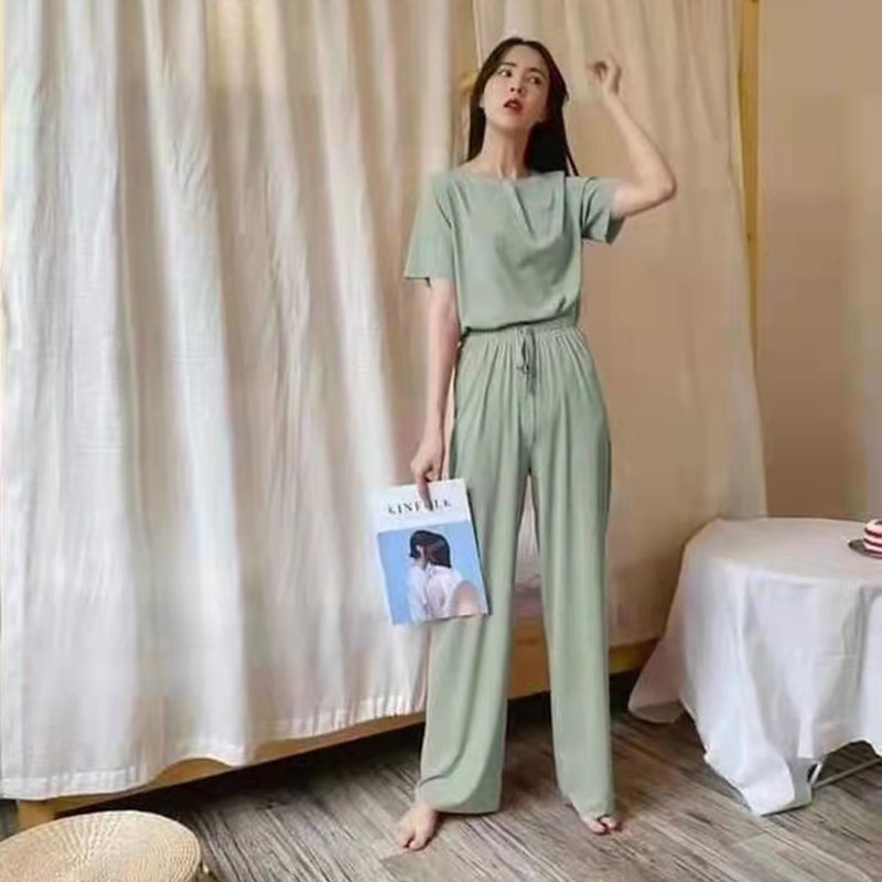 Piyama Baju Tidur Import Sleepwear Lengan Pendek Celana Panjang Polos Stelan Rumah Oversize Ice Silk-Ice Silk - Hijau