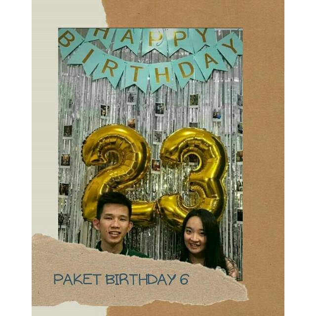 Birhday surprise 6: bunting flag, tirai foil, balon foil love jumbo, foto, lem balon