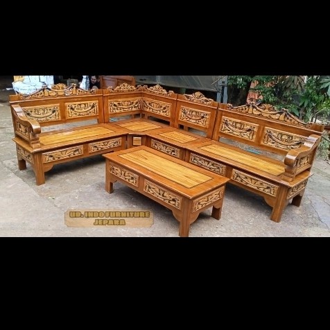 PARTISI set meja kursi ruang tamu pojok sudut ukir kayu jati Jepara - termurah