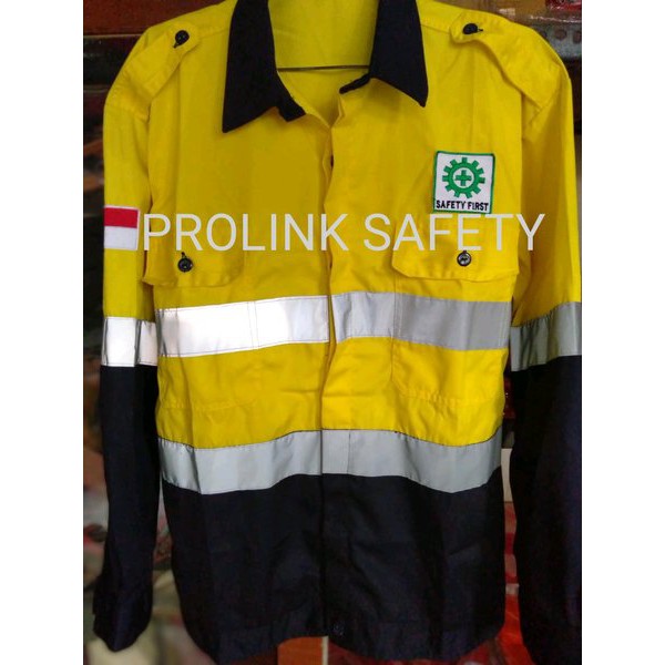 Baju seragam safety kombinasi kuning dongker wearpack katelpak model tambang scotlight doble fosfor