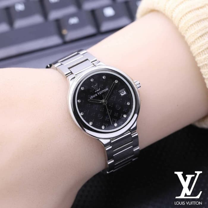 Jam Tangan Wanita Cewek Louis Vuitton LV Logo Rantai Silver Black