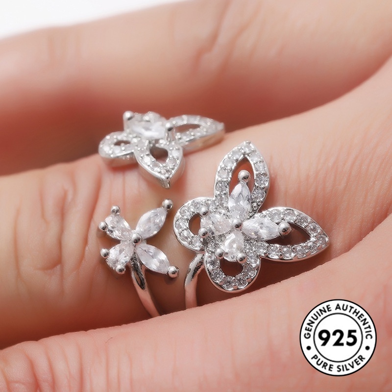 Cincin Sterling Silver 925 Desain Kupu-Kupu Hias Berlian Imitasi Elegan Untuk Wanita Butterfly