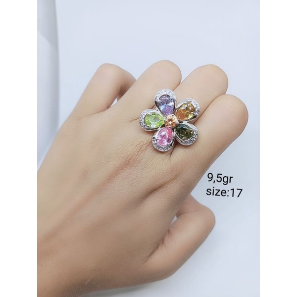 cincin perak925 asli lapis mas putih model bunga batu kombinasi warna warni/ cincin perak925 fashion