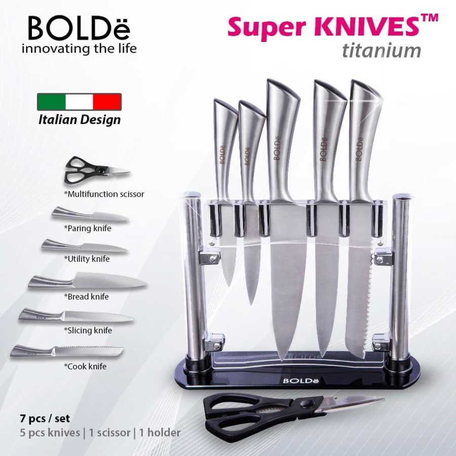 BOLDE SUPER KNIVES TITANIUM 7 PCS SET SILVER PISAU STAINLESS STEEL KNIFE GUNTING SCISSOR