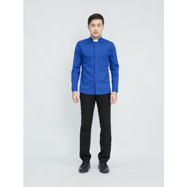 Pendeta - Kemeja Collar Biru Elektrik Polos - Cotton Tropical - Jos Miracle Bandung - Miracle - JMB