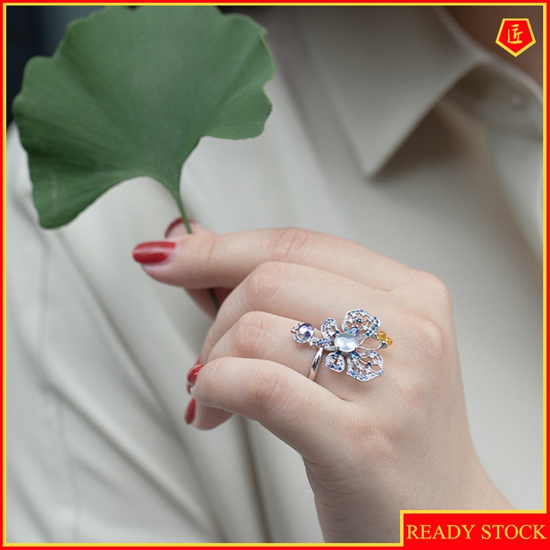 [Ready Stock]Women's Fashionable Elegant Emerald Sapphire Butterfly Ring