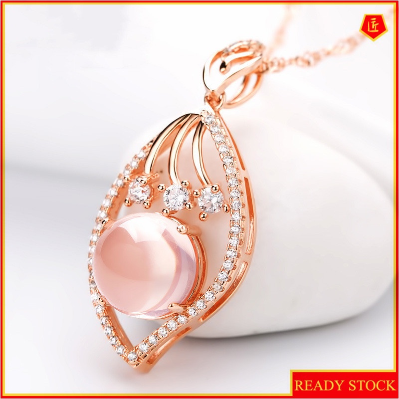 [Ready Stock]Fashion Inlaid Pink Crystal Full Diamond Pendant Simple 18K Rose Gold Plated Necklace