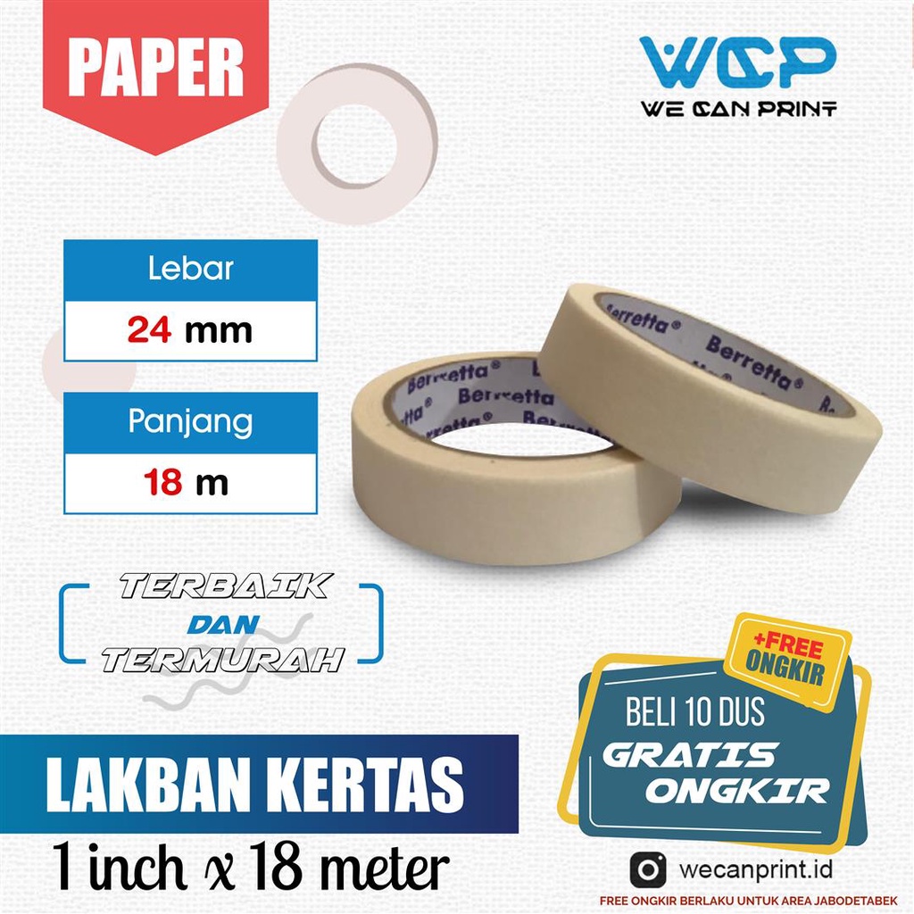 

Berretta Selotip Lakban Kertas Putih 24x18 meter Paper Tape 1" inch x 18 meter Lakban Kertas 24 mm x 18 meter Paper Tape 24 mm x 18 meter