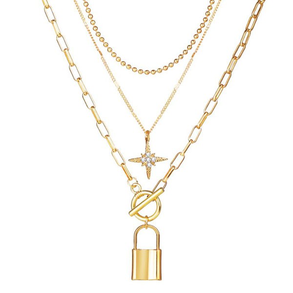 kalung multilayer star lock pendant multilayer necklace jka207 (1H1)