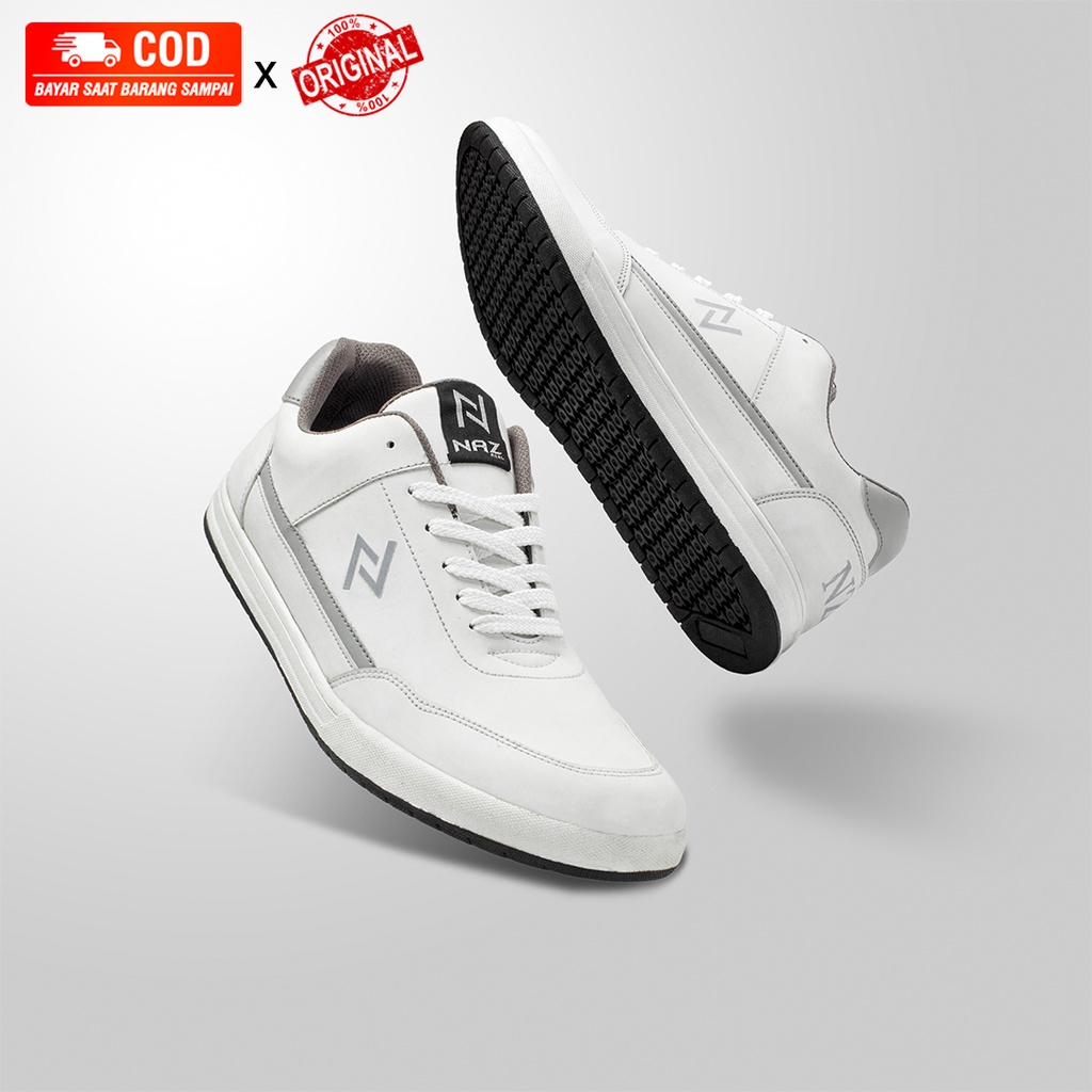 NAZ Leonardo White Grey Sepatu Putih Pria Wanita Couple Sneakers Casual Kulit Polos Kasual Cowok Cew