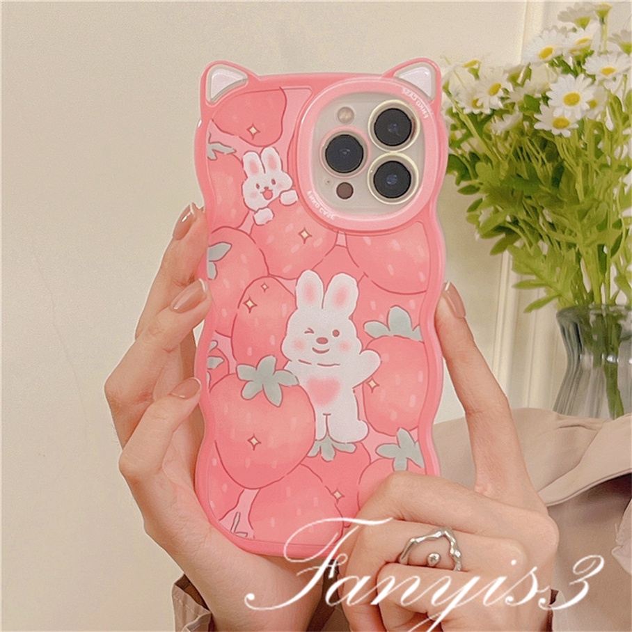 Compatible For iPhone 14 13 12 11 Pro Max X XR Xs Max 8 7 6 6s Plus SE 2020 Soft Case Pelindung Desain Telinga Kelinci Strawberry Peach Bear Untuk