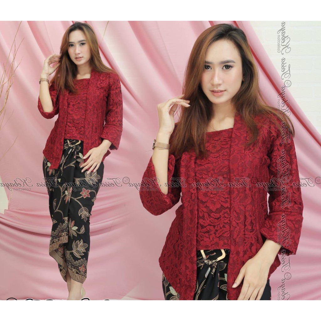 Setelan Kebaya Modern Brukat Model Kutubaru, Set Kebaya Wisuda Brokat Aneka Pilihan Warna-SET MAROON