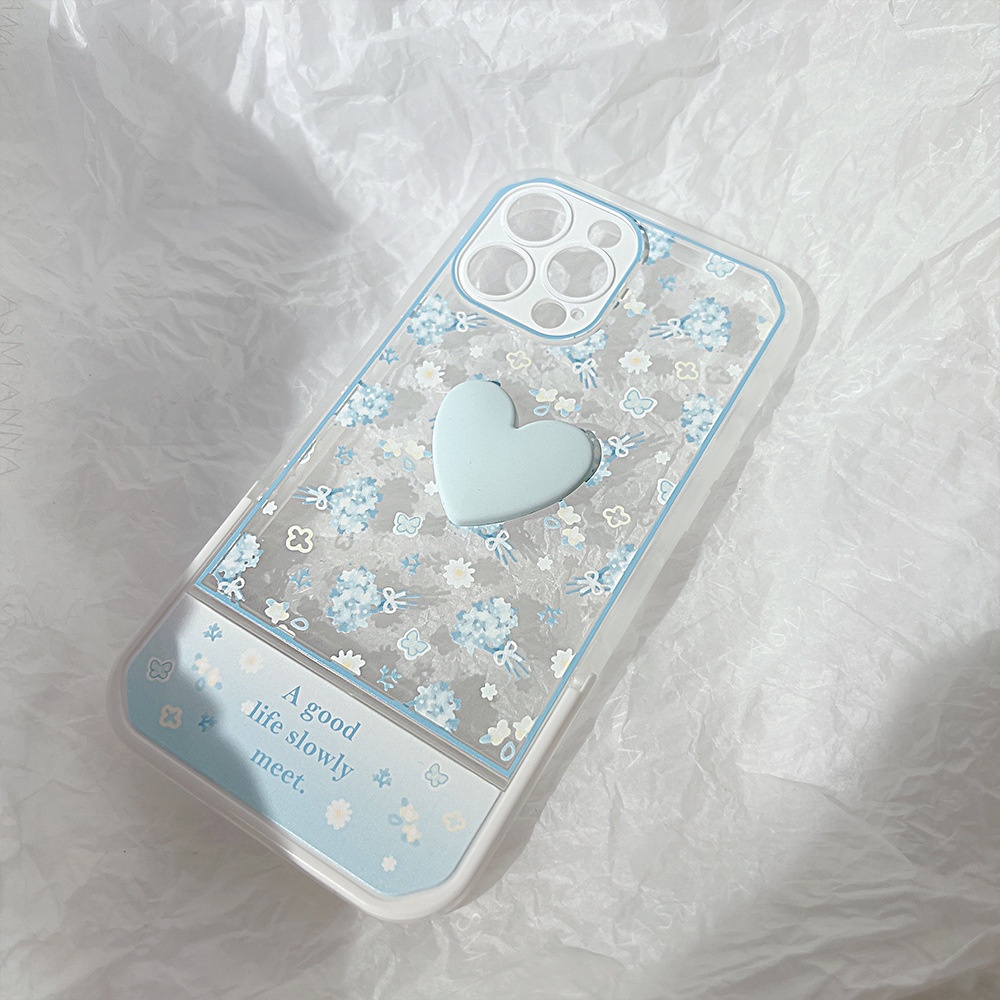 IPHONE 3d Cinta Hati Musim Panas Biru Muda Bunga Tak Terlihat Lipat Bracket Phone Case Cover Untuk Iphone7 8 PLUS X XR XS 11 12 13 14 PRO MAX SE 2020