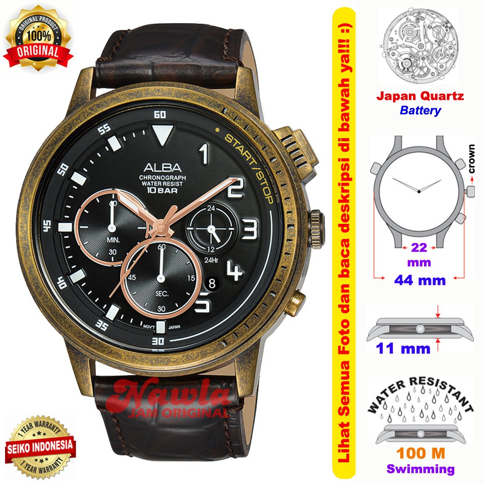 Alba Quartz AT3G40X1 Chronograph Brown Leather - Jam Tangan Pria AT3G40