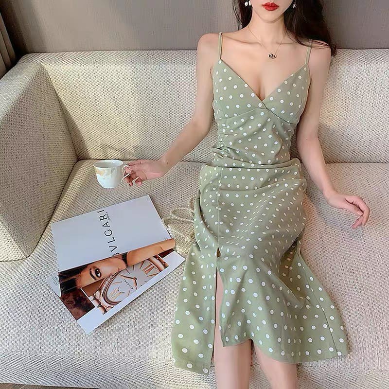 Korean Vneck Polkadot Long Dress Wanita Motif Polkadot 1050 (XS-XL)