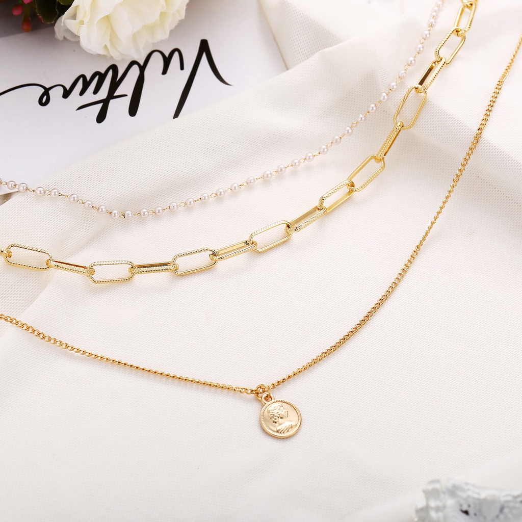 YEEZII Kalung Rantai Banyak Lapis Dengan Liontin Mutiara Gaya Retro Untuk Wanita