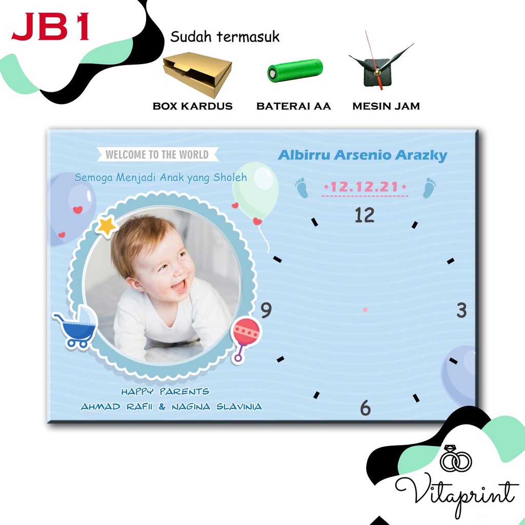 KADO BAYI JAM DINDING FOTO CUSTOM MESIN HALUS/SILENT ( HADIAH LAHIRAN ULANG TAHUN ANAK BAYI)