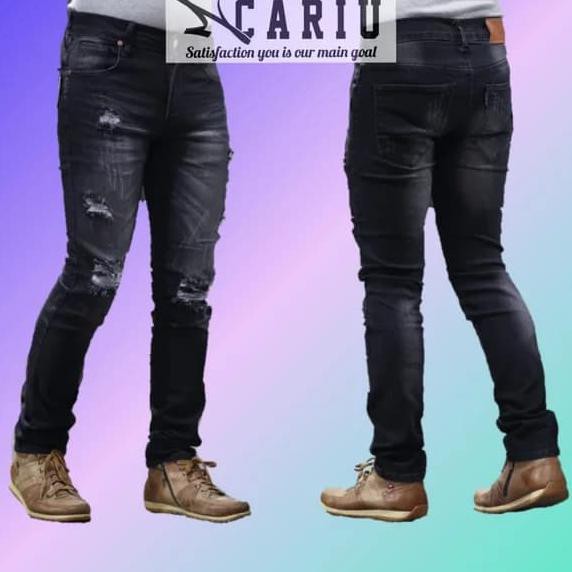 celana jeans sobek pria ripped simple - black wash, 28