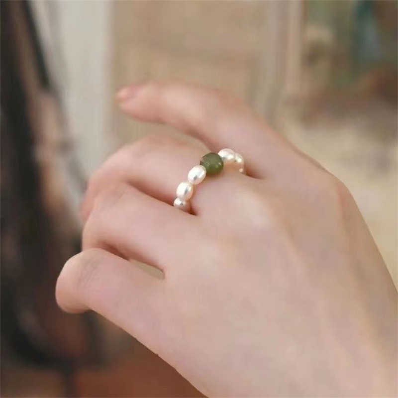 Cincin Manik-Manik Mutiara Giok Hetian Natural Untuk Wanita