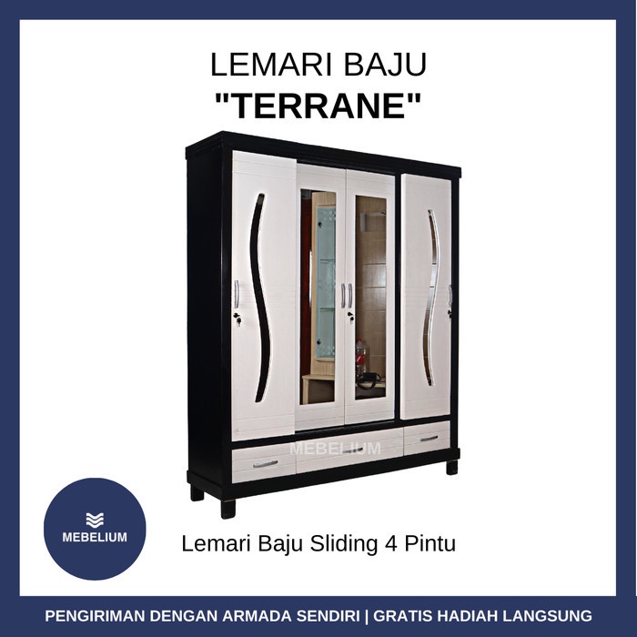 [NEW ARRIVAL] Terrane - Lemari Baju Pakaian Sliding 4 Pintu Bahan Kayu Balok Blockteak [Mebelium]
