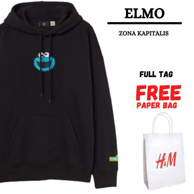➧ (5.5) Hoodie H&M Elmo Hitam Black FREE PAPER BAG Full Tag HnM Jaket Sweater Pria Wanita ☂