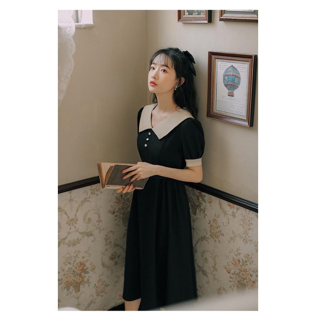 [littlecrab] Dress Collar With Pearl Gaun Wanita Panjang Lengan Pendek Two Tone Color Maroon Hitam Simple Berkualitas Dress Berkerah Kasual Simply Korean Style