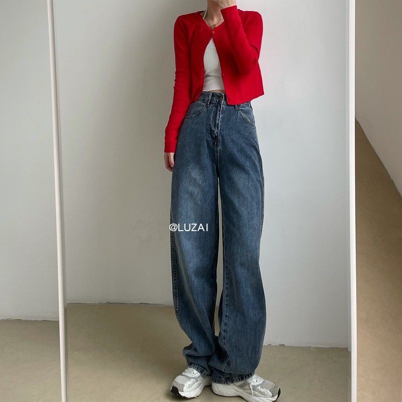 【COD】biru retro korean style high waist lurus celana jeans wanita longgar Import