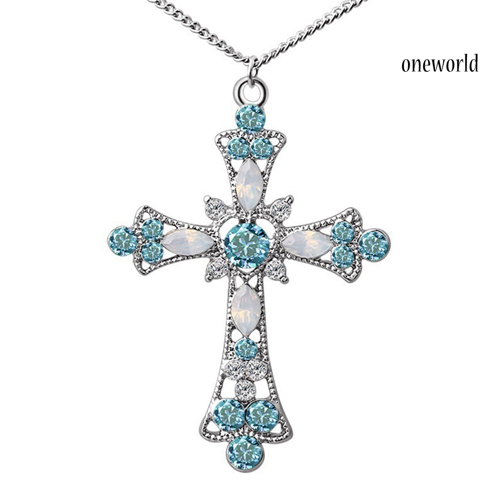 OW@ Women Rhinestone Inlaid Cross Pendant Chain Necklace Hook Earrings Jewelry Set