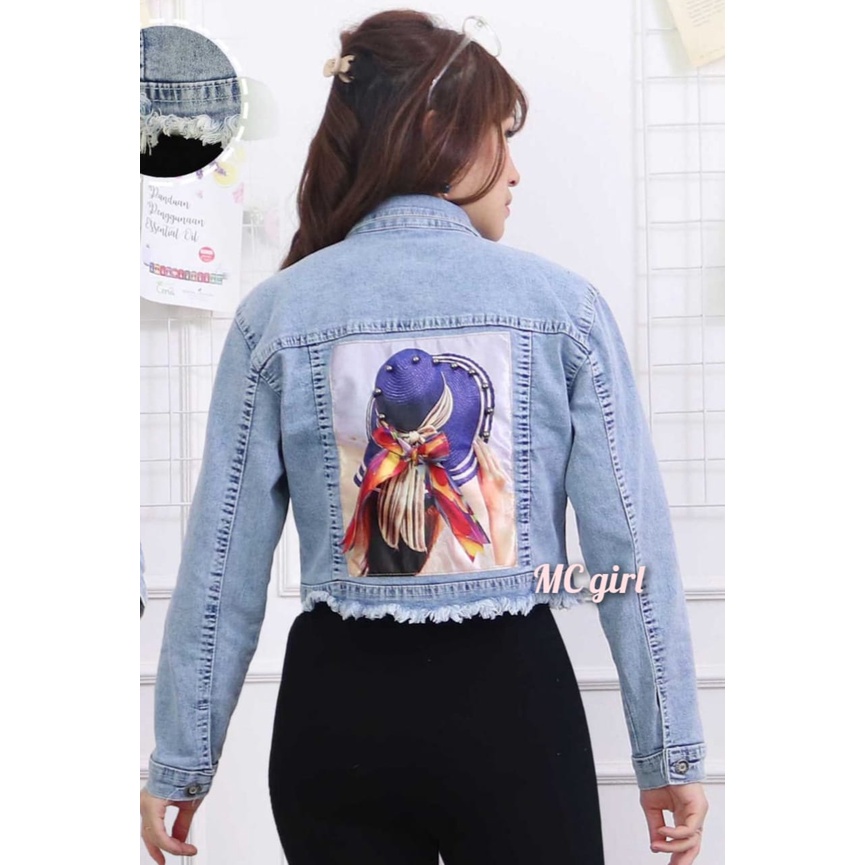 MC girl - Jaket Jeans Crop Rawis Gambar Pita Belakang 3D Wanita / Jaket Lepis Body Pendek Rumbai Gambar Belakang Sequin Cewek / Jacket Denim Snow Wash