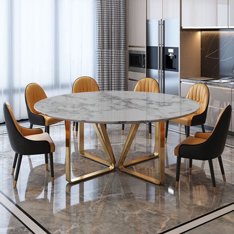 SET MEJA MAKAN BUNDAR BULAT STAINLESS TOP MARMER KURSI 6 DINING TABLE MARBLE