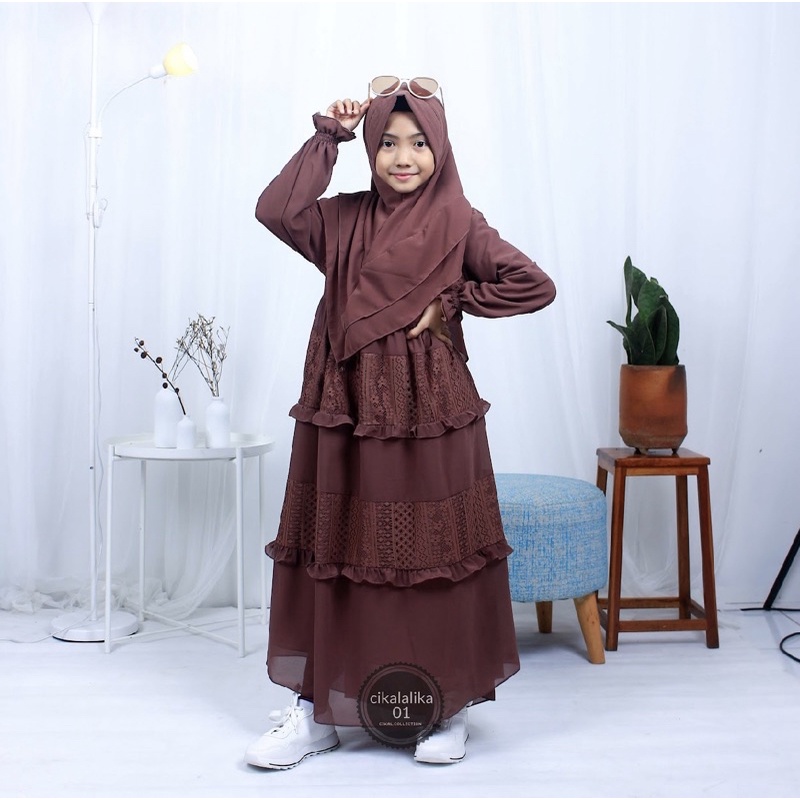 Cikalalika- gamis anak perempuan brukat malika set khimar Fashion Muslim / Pakaian Muslim Anak