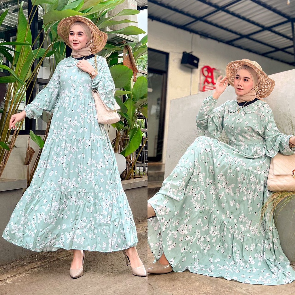 Flowy Gamis Wanita Rayon Viscose Premium Dress Wanita Lengan Panjang Ruffle Terompet Longdress Bunga LD 110 cm