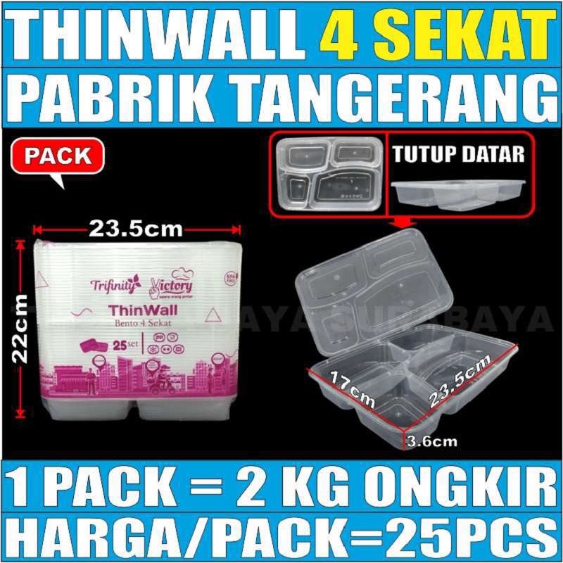 Thinwall Sekat 4 Box 25pcs Perpack Food Container Tray Kotak Makan Bento Rata Plastik Murah