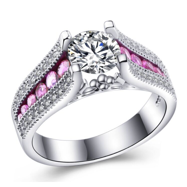 Cincin Berlian Lapis Emas  Putih  Premium Batu Pink Muda 