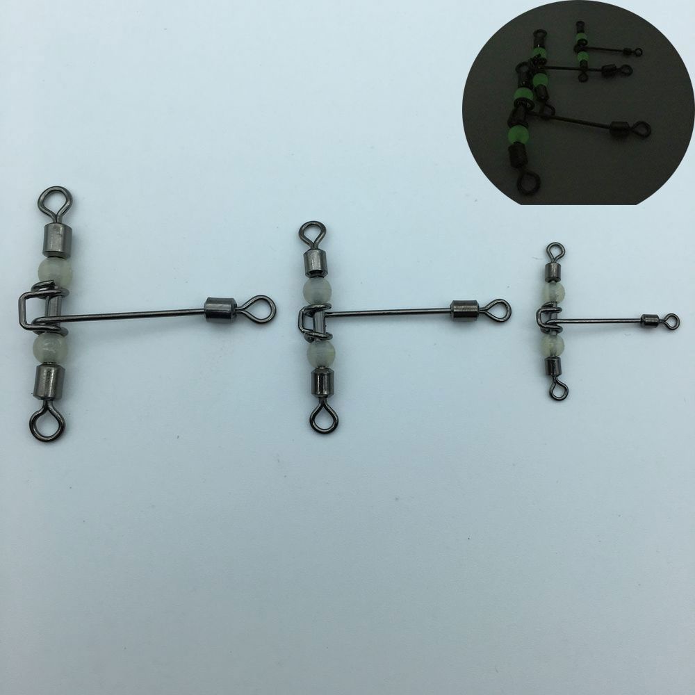 ROW 5pcs/lot Hot T-shape fishing swivels cross line  rolling swivel with pearl  3 way connector Splitter Brass Barrel Trident Durable Wivels Bearing luminous