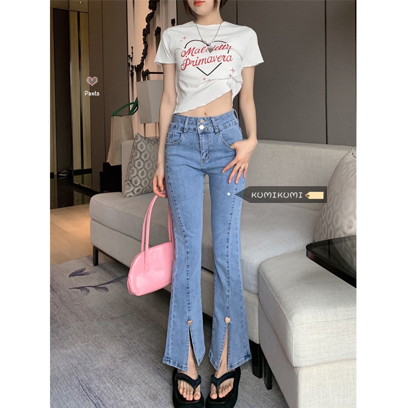 Celana Jeans Berkobar Gaya Korea Wanita Musim Panas Pinggang Tinggi Jeans Slim Celah Lebar Kaki Cela