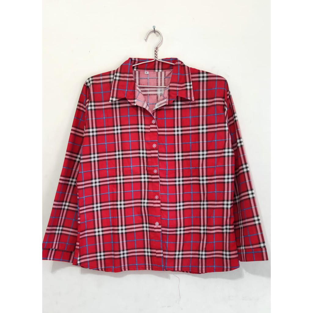 westylis Kemeja Wanita Kotak / Kemeja Burbery Wanita Lengan Panjang 2W / Size L Fit XL /Kemeja Pesta-HEM MERAH XL
